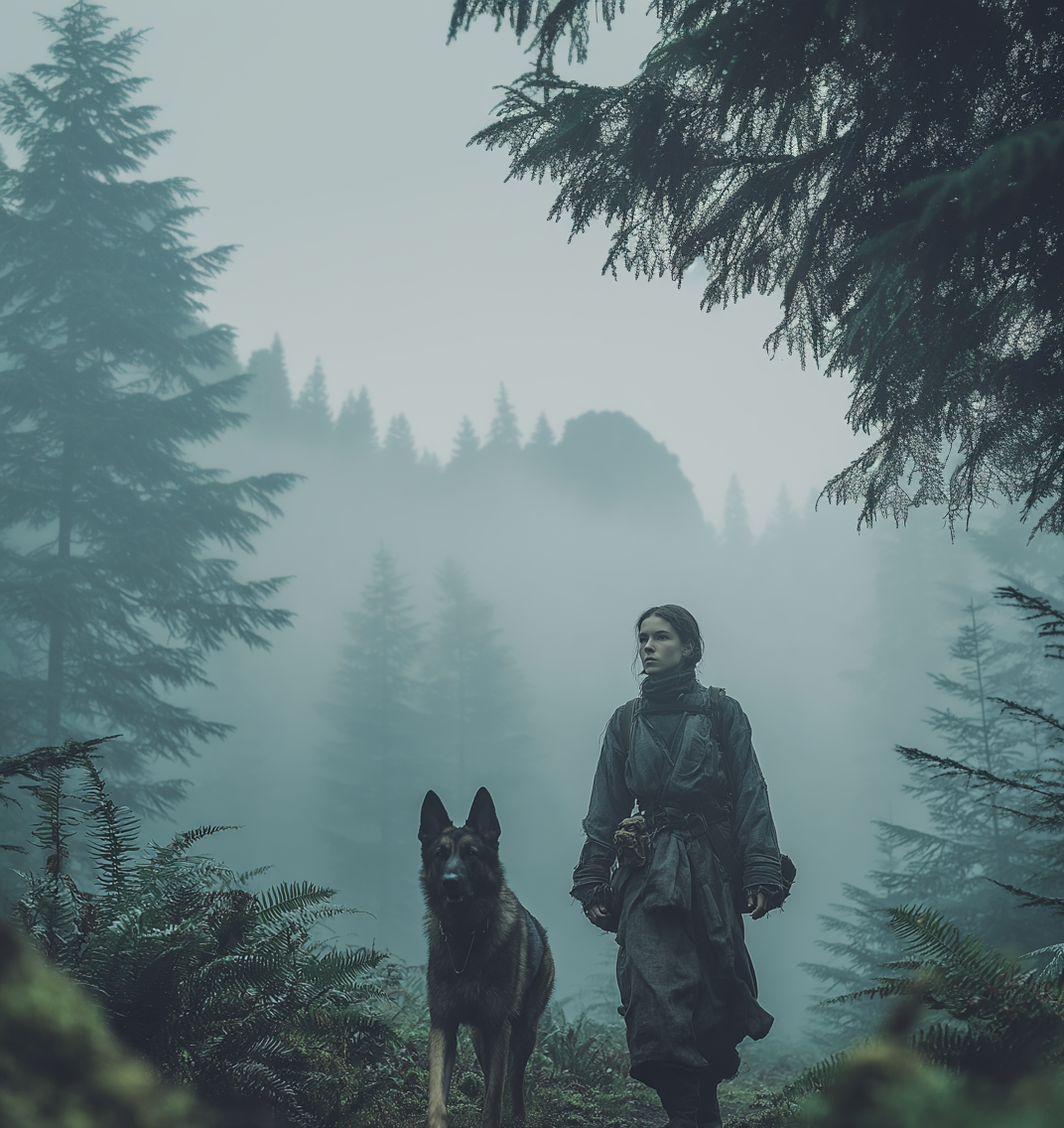 A figure and her companion in fog